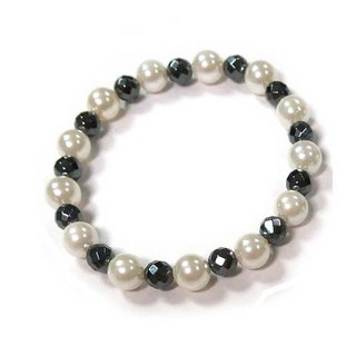 白色貝珍珠與黑胆石角度珠彈性手環