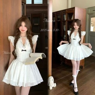 Echo Chic NIAOER原創少女純欲重工超大四層裙襬小飛袖小白色連衣裙, 白色,L