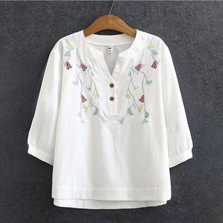 ROYALBELLE 여성 브이넥 순면 자수 포인트 루즈핏 반팔 엄마룩 데일리 블라우스 B0052308