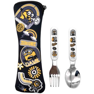 小小兵兒童二件式餐具組【台灣正版現貨】，可愛造型，安全材質，輕巧方便攜帶, 1個, 黑