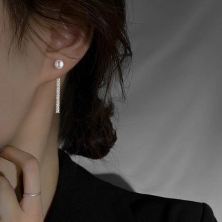 一字排鑽珍珠耳環 韓版輕奢鑲鑽耳環 流行飾品 不褪色 抗敏耳針 防過敏 日韓版銀飾飾品