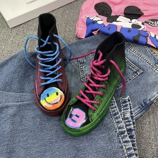 歐洲新款韓版個性高幫帆布鞋 手繪塗鴉百搭笑臉學生帆布鞋