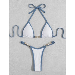 K4 現貨比基尼 實拍 法式溫柔藍白設計珍珠金釦比基尼 實穿 兩件式綁帶泳衣 溫泉, (i55)藍白  M碼