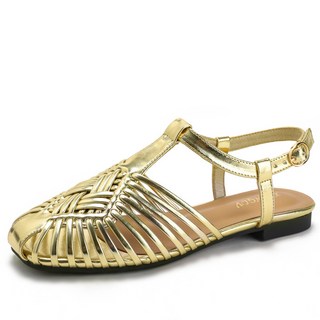 復古羅馬風包頭一字扣涼鞋夏手工編織豬籠鞋平底休閒涼鞋1012-10, 10 cm, 金色:41