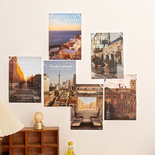 風景墻貼畫 A4大尺寸 客廳沙發背景墻裝飾 臥室床頭海報 房間改造, 1個, 閑暇時光6張海報 A4（30*21cm）