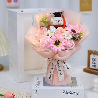 小新 畢業禮物 博士帽小熊公仔畢業花束 仿真向日葵手捧花束 畢業禮物 送男孩女孩, 1個, 粉-博士熊-向日葵+玫瑰-成品