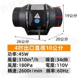 110V高速排風扇，純銅電機強勁吸力，防水耐用中繼管道排風機，適用於廚房浴室工廠排煙, 插頭款單售主機~黑4吋口徑10公分單速