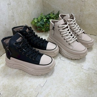 婕伊女鞋 2025新歡 韓版高筒休閒增高鞋 厚底布鞋 雙拉鏈設計皮面休閒鞋