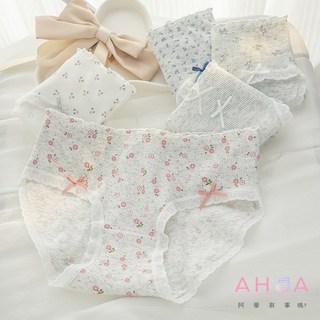 AHUA 阿華有事嗎 森林系坑條碎花蝴蝶結捲邊內褲 I0087 女生內褲 流行少女可愛內褲, 綠草葉(灰碎花),L