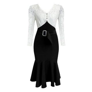 【氣質名媛】連衣裙 魚尾連衣裙 包臀連衣裙 蕾絲連衣裙 連衣裙女 春裝新款 V領拼接 修身顯瘦 聚會派對 一件代發, 黑白色