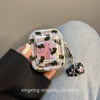 可愛小黑貓 保護套 適用於 蘋果藍牙耳機殼, AirPods 1代/2代