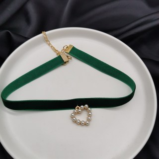 백송 컬러 벨벳 진주 구슬 하트 초커 러블리 펄 귀여운 드롭 펜던트 포인트 패션 목걸이