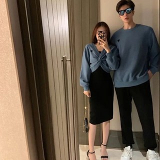 情侶裝秋冬穿搭 女款秋天套裝(氣質連衣裙 造型上衣) 男款圓領衛衣, 杏色男套裝,M