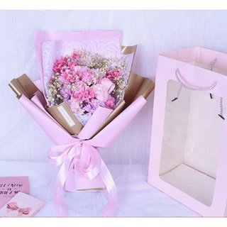 香皂花花束 母親節康乃馨 聖誕節玫瑰禮物 情人節生日裝飾 開窗乾燥花 粉色康乃馨附禮物袋, 1個, 粉康乃馨+禮物袋