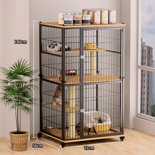 貓籠子貓別墅室內傢用貓房子貓窩小戶型貓咪小窩一體貓捨寵物籠子寵物籠 傢用籠子 籠 貓籠 貓屋, 1個, 黑色-貓籠-上下木板-木板平台-單籠