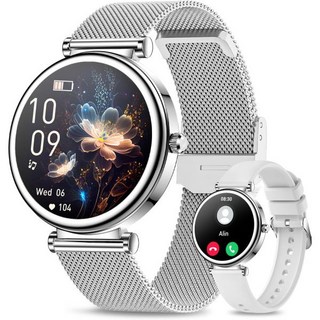 스마트워치 초등학생시계 생활방수 블루투스 통화 기능을 갖춘 여성용 소형 스마트워치 1.27인치 120가지 이상의 스포츠 모드 걸음 수 측정 심박수/혈압/산소포화도(SpO2, Silver