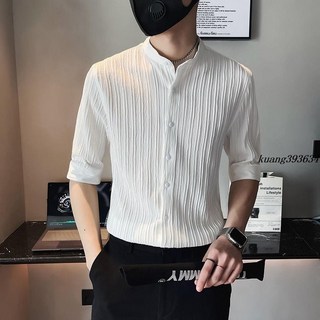 polo短袖襯衫男高級感冰絲七分袖立領潮流男裝上衣