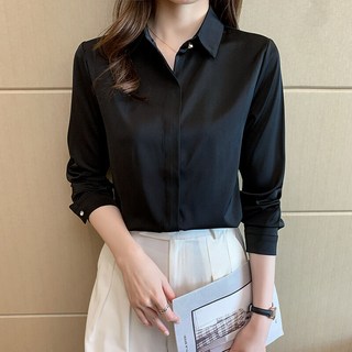 長袖襯衫Polo衫女裝白襯衫休閒雪紡通勤商務上班工作職業正裝翻領簡約素色耐磨輕薄緞面抗皺免燙藍色日常外搭寬鬆高級春秋上衣