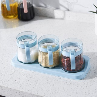 調料瓶玻璃食品級調味罐創意廚房鹽罐糖罐分裝瓶調味盒套裝調料罐密封防潮調味收納調味罐調料瓶調料瓶密封盒調味盒廚房收納, 輕奢灰,三格, 1個