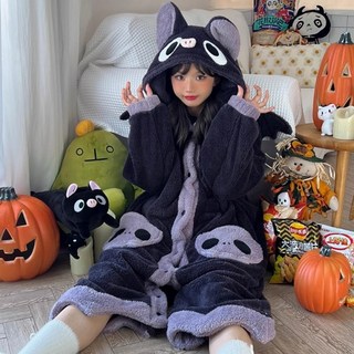 귀여운 박쥐 후드 극세사 롱 코트 원피스 잠옷 (퍼플) 캐릭터 겨울 코트형 수면 파자마