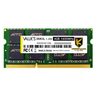 AITC 艾格 Value S DDR3/3L SODIMM 筆記型記憶體 4GB 1600 (NAS可用), 1.35V 低電壓