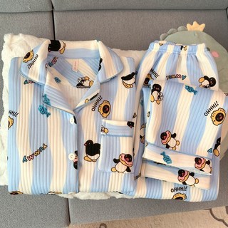 韓國可愛線條小狗空氣夾棉長袖長褲睡衣 秋冬季夾層保暖睡衣 卡通加厚保暖家居服套裝 兩件式女生睡衣 寬鬆舒適