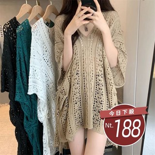 韓版露肩簍空針織短袖上衣 女裝 t恤 短袖t恤 上衣