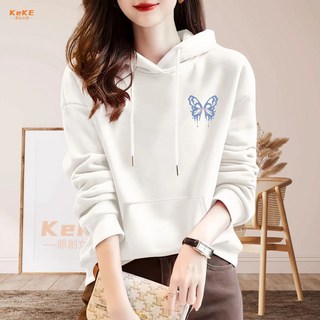 蝴蝶印花帽T 100%純棉長袖連帽衛衣 秋冬寬鬆刷毛上衣 S-4XL 韓版百搭帽衫