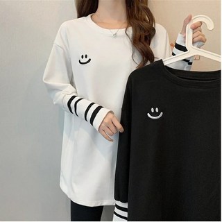 【shiny藍格子】微笑圖案保暖德絨寬鬆百搭長版上衣 條紋袖口設計