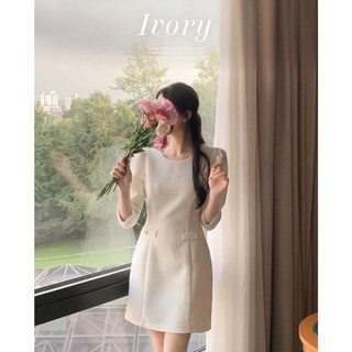 圓領粗呢花迷你洋裝 婚禮穿搭 連身洋裝 - 韓國代購, 象牙白,S