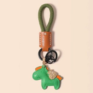 馬年馬上有錢鑰匙扣汽車機車鑰匙圈情侶包包背包精緻吊飾, 棕皮綠繩+綠色小馬+馬蹄扣+小圈, 1個