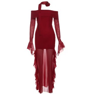 【性感修身】旗袍連衣裙 一字肩連衣裙 魚尾裙 包臀裙 禮服裙 網紗長袖 新中式改良 夏季約會派對 顯瘦氣質女神, YY8162紅色