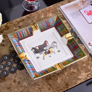 台灣公司貨 煙灰缸 菸灰缸 歐式方形雙槽骨瓷雪茄煙灰缸 雪茄 外出 陶瓷菸灰缸 雪茄用, 1個, 馬 大 20x20cm