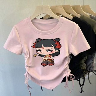 新款可愛童裝 女童短袖 夏季兒童冰絲螺紋抽繩設計修身短袖T恤中大童哪吒卡通印花短款裝