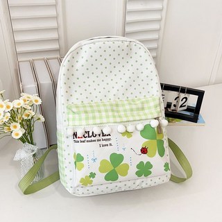 日系甜美可愛四葉草雙肩包，波點小絨球清新綠色高顏值輕便小衆揹包, 綠色四葉草