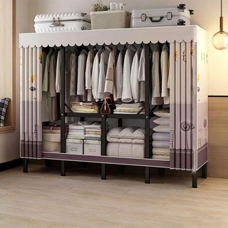 免安裝衣櫃 衣櫃 衣櫥 含布套加粗全鋼架掛衣架 簡易佈衣櫃 防塵衣櫃 臥室衣櫃挂衣架, 長160cm-少女心+含佈套, 長160cm-少女心+含佈套