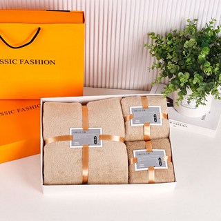 6/18大促 珊瑚絨浴巾毛巾三件套禮盒活動開業贈禮員工節日福利新婚伴手禮 NKOI, 咖啡色禮盒【普通款】, 1個