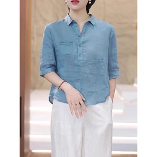 時尚洋氣 亞麻襯衫 女夏薄款 新款 大碼 微胖mm 明顯瘦 寬鬆高級感 上衣