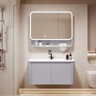 現代太空鋁浴室櫃組合，陶瓷洗手盆一體，附美妝鏡櫃，洗臉台組合, 70cm陶瓷盆櫃+圓弧全封智能鏡櫃(帶紙巾抽) 黑色機器龍頭