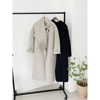 [ 무배 13663 ] [핸메15탄] 2col 목도리세트 노카라 떡볶이 원버튼 포켓 울 핸드메이드 롱 코트