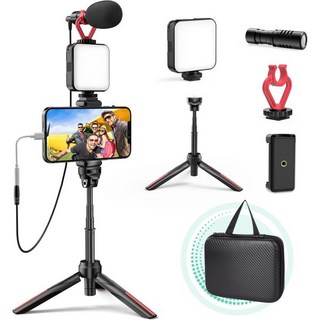 LED 조명 휴대폰 홀더 마이크 삼각대 휴대용 가방 아이폰/안드로이드용 TECELKS 유튜브 스타터 키트 비디오 녹화용 콘텐츠 크리에이터 키트블랙