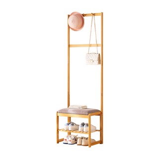 多功能竹製鞋架長凳 帶掛衣桿 雙層收納 穿鞋椅 玄關收納, 原木色, 1個