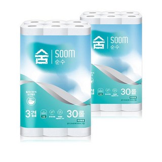 천연펄프 숨 순수 3겹 20m 30롤 2팩 화장지 휴지 두루마리, 60개