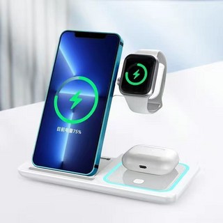 三合一無線充電器桌面支架 適用iPhone手機iwatchairpods折疊通用 臺灣出貨, 旗艦版-優雅白-摺疊便捷三合一, 1個