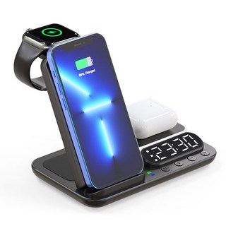 해브유 5in1 고속 무선충전기 핸드폰 애플워치 이어폰 호환 알람시계 무드등 접이식 거치대, 1개, 블랙