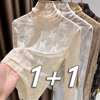 1+1봄가을 레이스 이너티 펀칭 고급스러운 망사 얇은 시스루 슬림핏 솔리드 터틀넥 상의