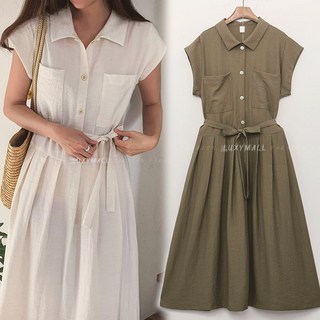 9047 (국내산) 면 마 린넨 롱 원피스 벨트 셔츠형 77 여성 봄 여름 프릴 플레어 셔링