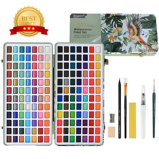시스슈 고체 수채화물감 올인원 세트 워터펜 디테일브러쉬 붓 지우개 샤프너 팔레트 수채화종이8매 스펀지 포함, 168색, 1세트