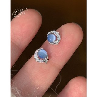 Vera Silver 999純銀藍色星月耳環 簡約小巧耳釘