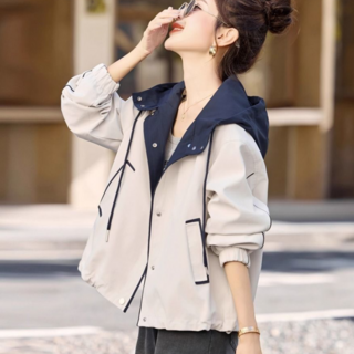 여성 캐주얼 배색 후드 바람막이 점퍼 자켓 여자 크롭 트렌치 코트 아우터